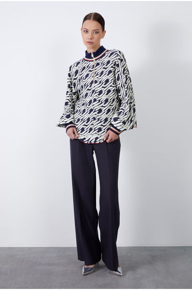 Back Zipper Neck and Cuff Knit Band Hem Stitch Detail Navy Blouse