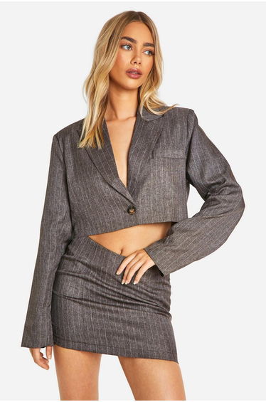 Premium Pinstripe Marl Cropped Boxy Tailored Blazer