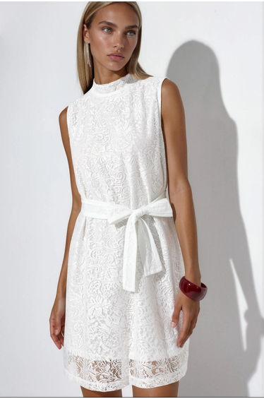 MSN Belted Strapless Lace Mini Dress