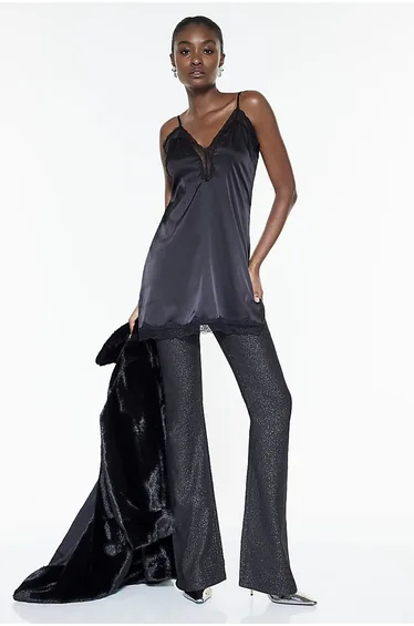 Black Mid Rise Glitter Flared Jeans