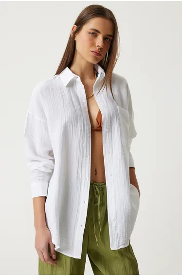 ISTANBUL Oversized Textured Cotton Shirt with Pocket