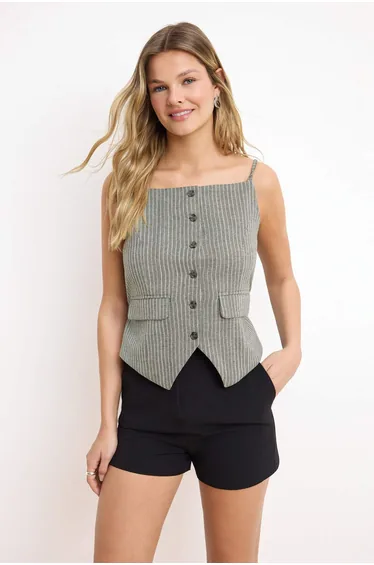 Green Striped Fitted Strap Woven Vest