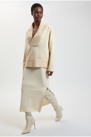 Wool Look Side Split Detail Knit Midi Skirt