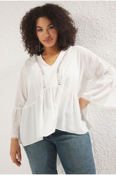 White V Neck Long Sleeve Textured Peplum Woven Plus Size Blouse