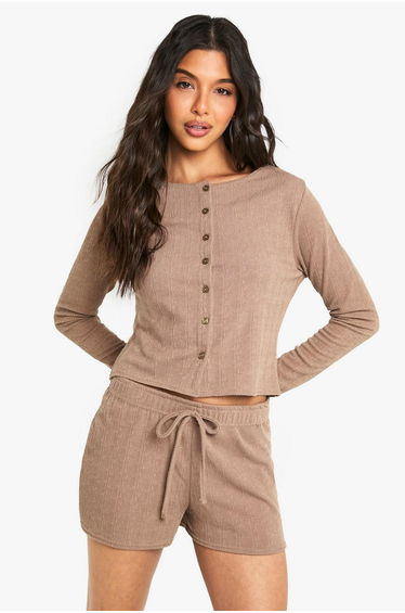 Crinkle button through long sleeve top