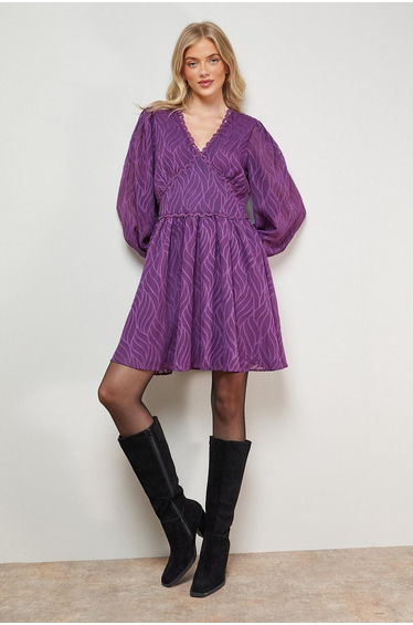 Animal Jacquard Trim Detail Balloon Sleeve Mini Dress