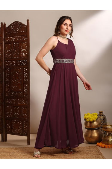 Women Maroon Strappy Embroidered Maxi Dress