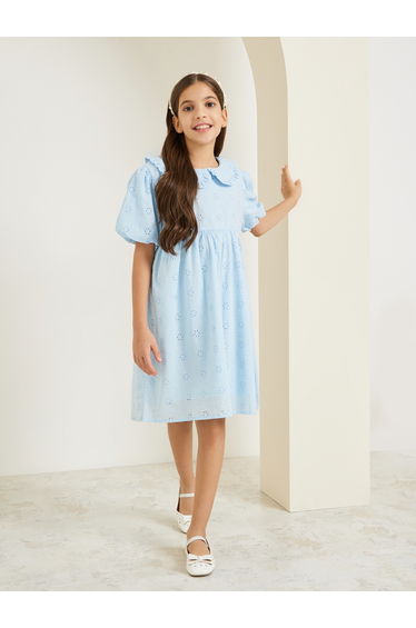 Girls Blue Schiffli Puff Sleeve Midi Dress