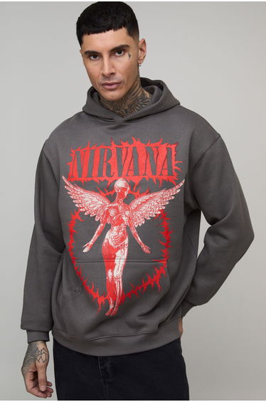 Tall Oversized Nirvana License Printed Hoodie - charcoal
