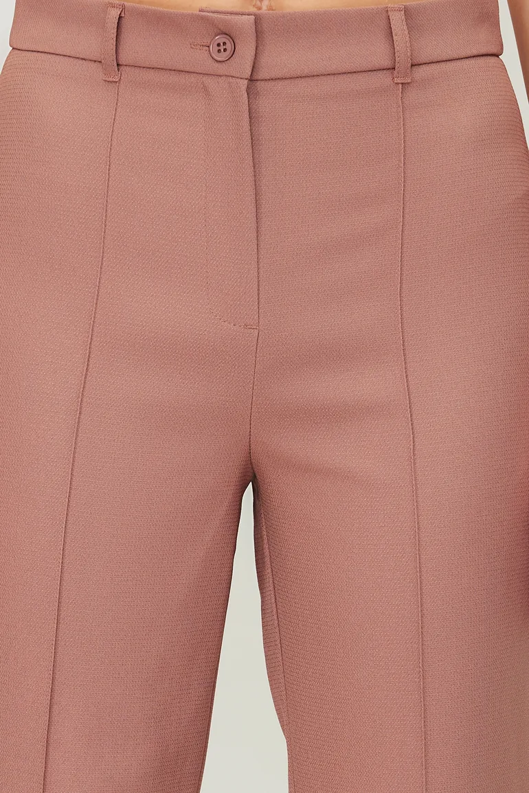 Pale Pink Straight/Straight Fit High Waist Ribbed Stitched Woven Trousers - 3