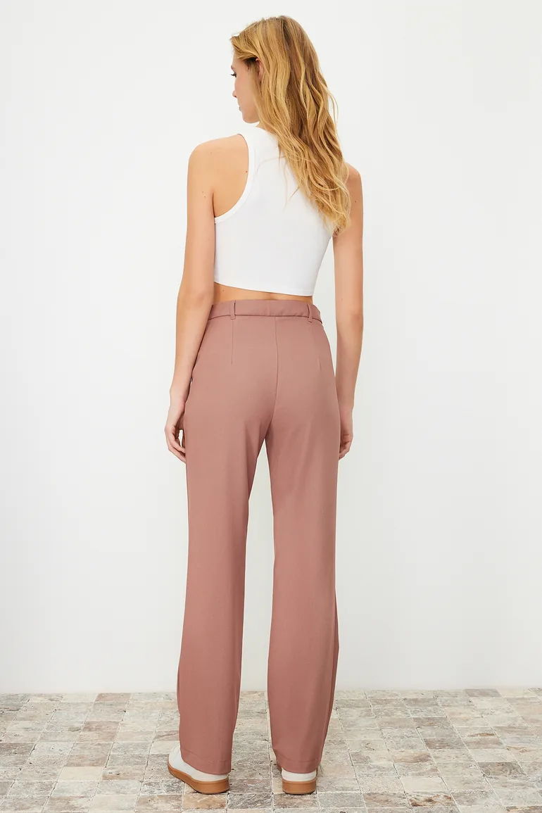 Pale Pink Straight/Straight Fit High Waist Ribbed Stitched Woven Trousers - 5