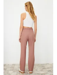 Pale Pink Straight/Straight Fit High Waist Ribbed Stitched Woven Trousers - 5