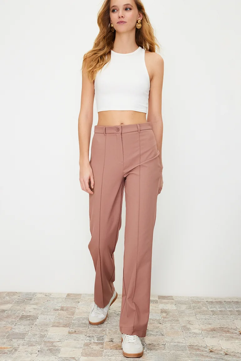 Pale Pink Straight/Straight Fit High Waist Ribbed Stitched Woven Trousers - 2