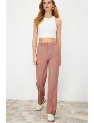 Pale Pink Straight/Straight Fit High Waist Ribbed Stitched Woven Trousers - 2