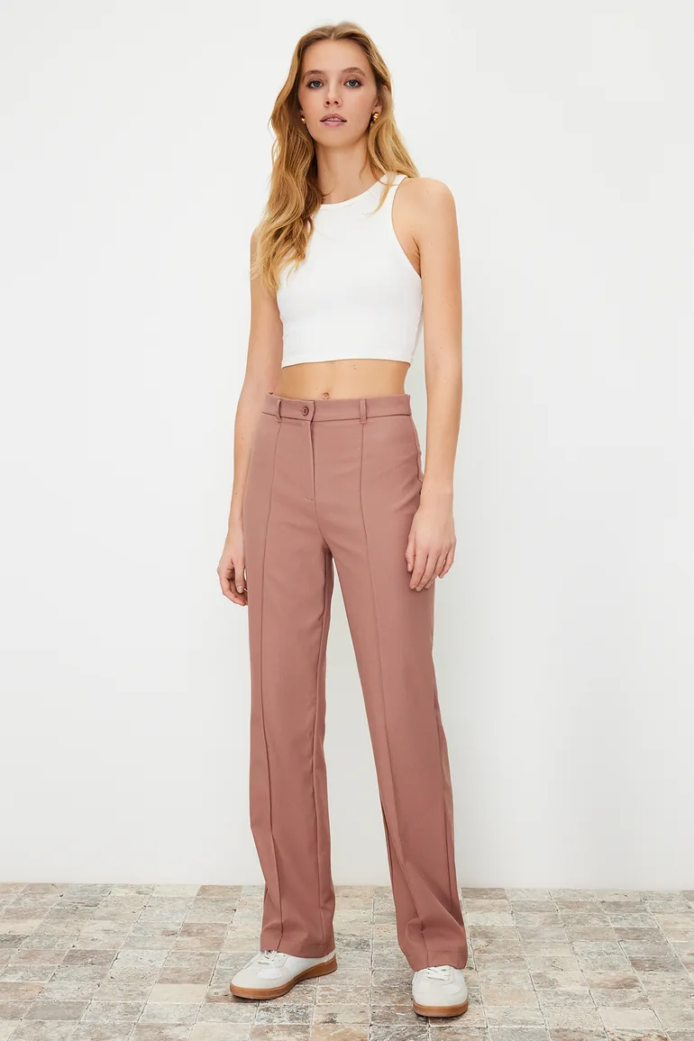 Pale Pink Straight/Straight Fit High Waist Ribbed Stitched Woven Trousers