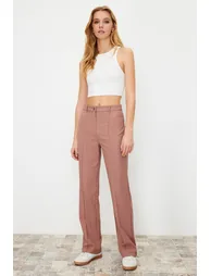 Pale Pink Straight/Straight Fit High Waist Ribbed Stitched Woven Trousers