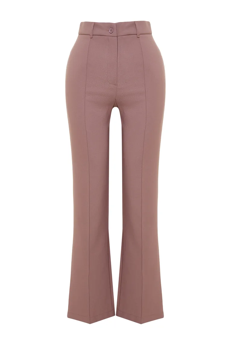 Pale Pink Straight/Straight Fit High Waist Ribbed Stitched Woven Trousers - 6
