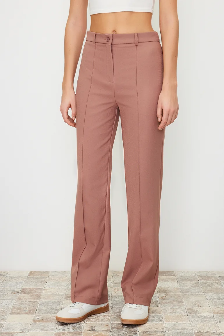 Pale Pink Straight/Straight Fit High Waist Ribbed Stitched Woven Trousers - 4