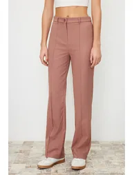 Pale Pink Straight/Straight Fit High Waist Ribbed Stitched Woven Trousers - 4