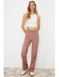 Pale Pink Straight/Straight Fit High Waist Ribbed Stitched Woven Trousers - 1
