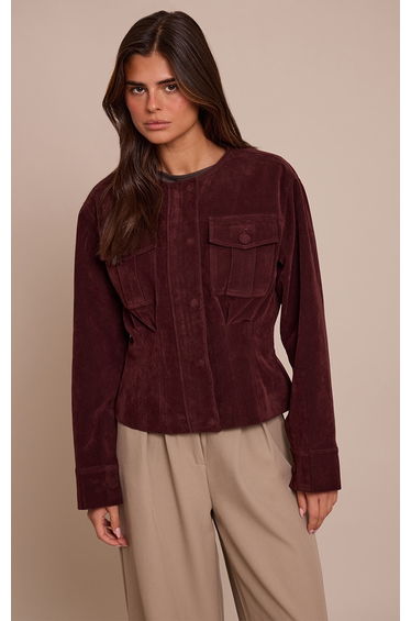Burgundy Faux Suede Covered Button Cinch Waist Jacket