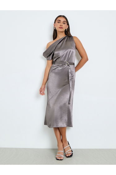 Women Grey One Shoulder A-Line Midi Dress