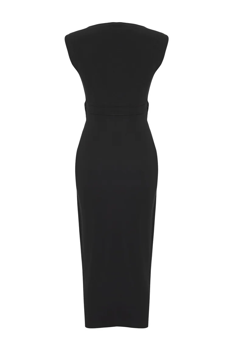 Black Bodycone/Fits on the Body Accessory Detail Moon Sleeve Boat Neck Midi Knit Dress - 5