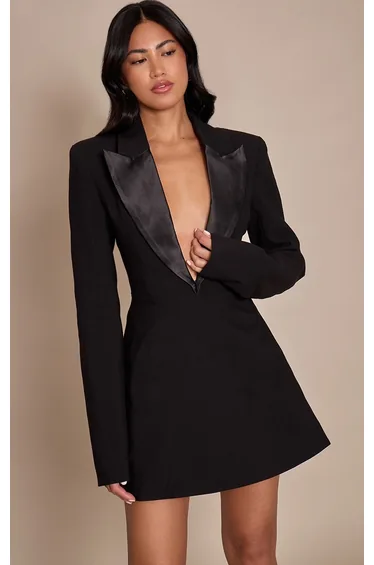 Black Satin Lapel A Line Blazer Dress