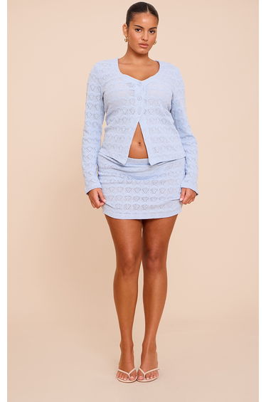 Plus Light Blue Textured Button Up Flared Sleeve Cardigan