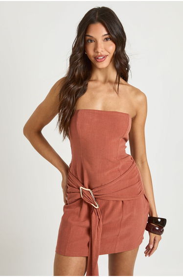Linen Look Bandeau Gold Trim Mini Dress - spice