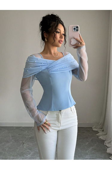 Blue Faux Pearl Embellished Square Neck Mesh Top