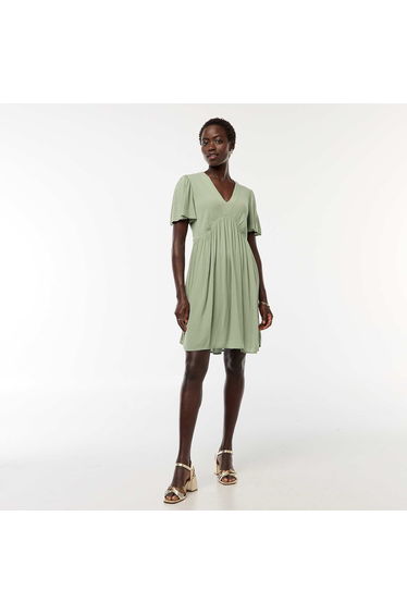 Short-Sleeve Mini Dress with Flounce Hem Green
