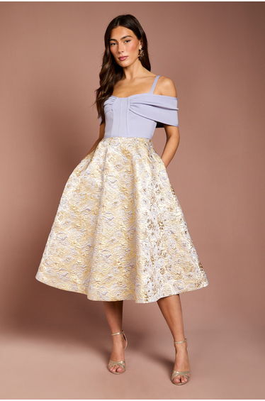 Shoulder Bandage Midi Dress With Jacquard Skirt