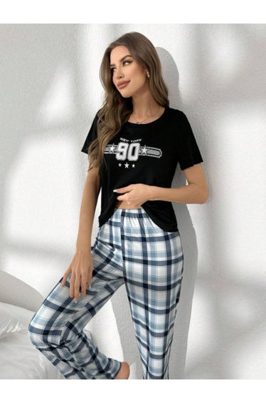 Women Black Graphic Print T-Shirt and Pyjama Set