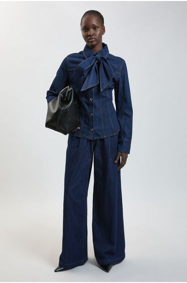 Denim Pleated Wide Leg Trouser