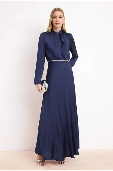 Navy Blue Skater Satin Plain Woven Hijab Evening Dress