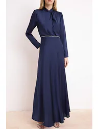 Navy Blue Skater Satin Plain Woven Hijab Evening Dress - 2