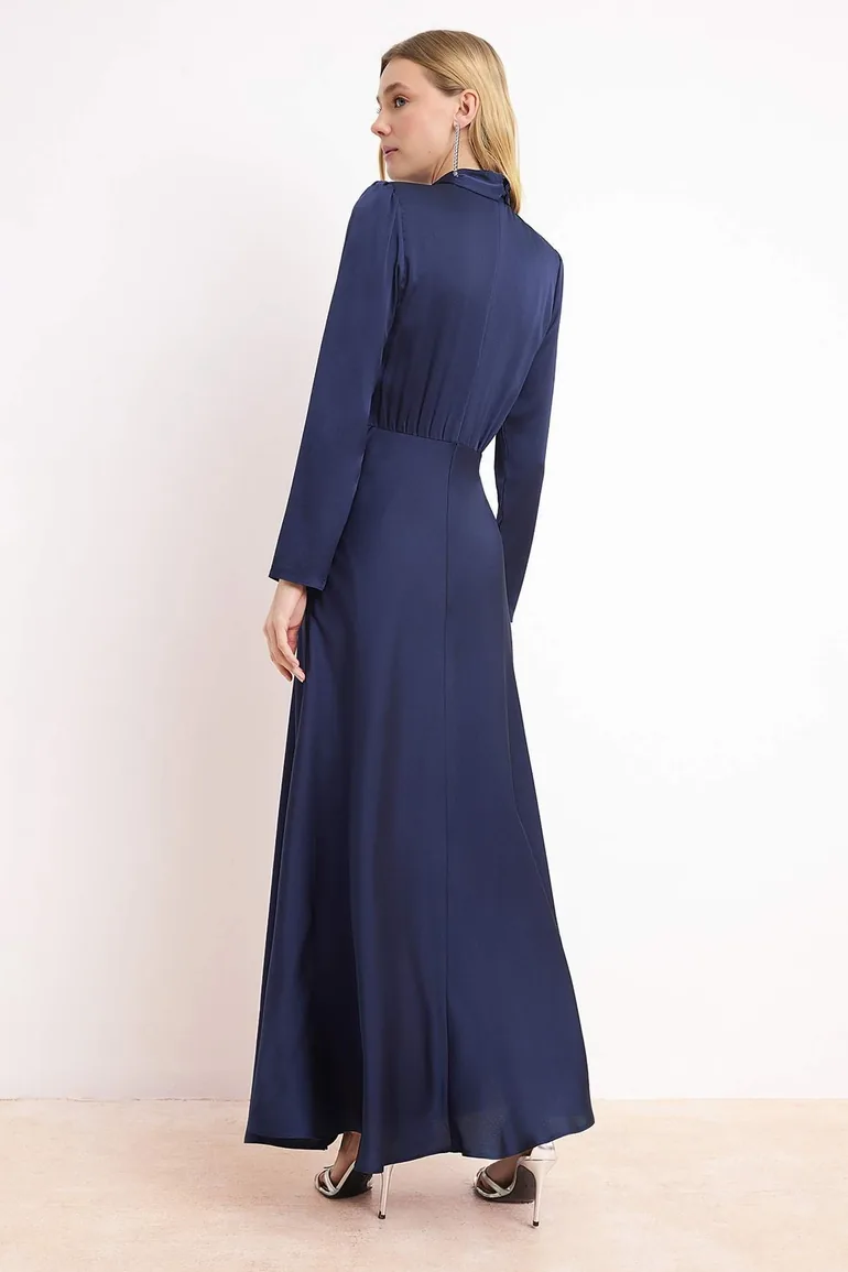 Navy Blue Skater Satin Plain Woven Hijab Evening Dress - 3