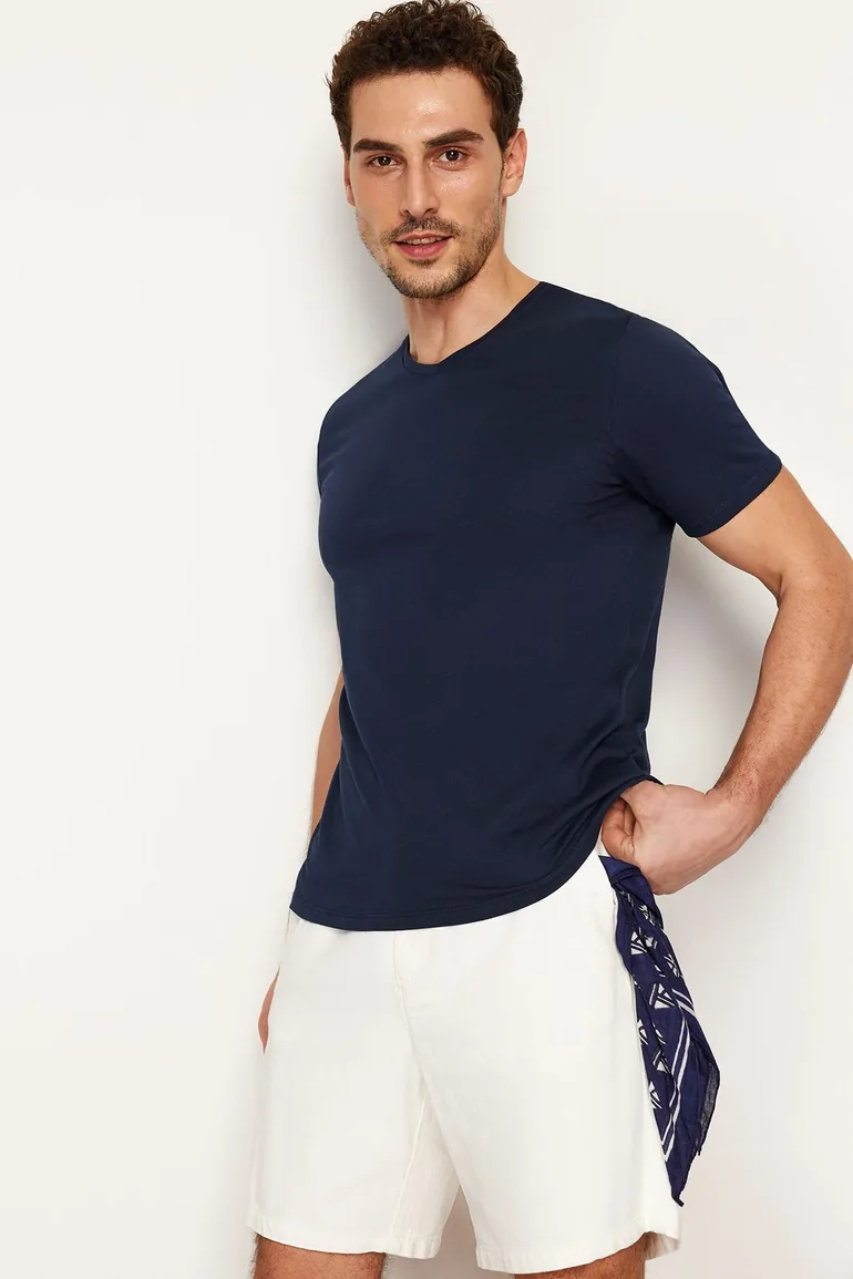Navy Blue Basic Slim V-Neck Short Sleeved T-Shirt. 100% Cotton. - 3