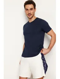Navy Blue Basic Slim V-Neck Short Sleeved T-Shirt. 100% Cotton. - 3