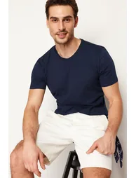 Navy Blue Basic Slim V-Neck Short Sleeved T-Shirt. 100% Cotton. - 1