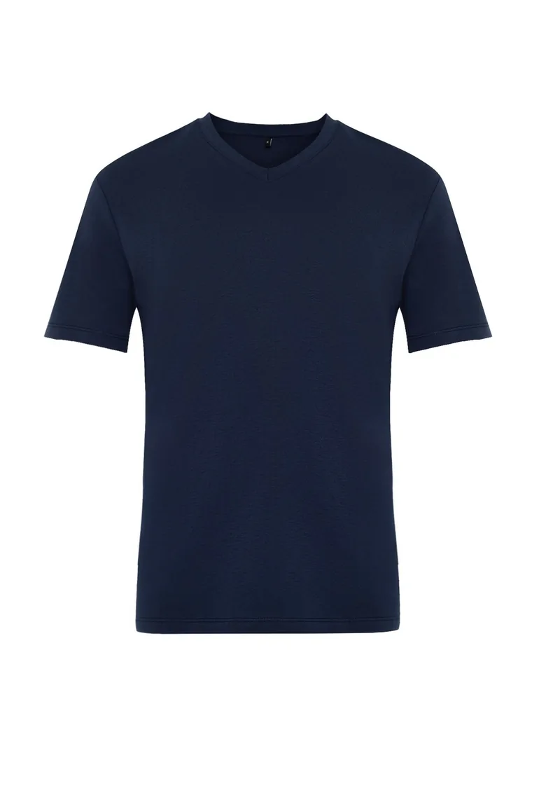 Navy Blue Basic Slim V-Neck Short Sleeved T-Shirt. 100% Cotton. - 5
