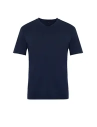 Navy Blue Basic Slim V-Neck Short Sleeved T-Shirt. 100% Cotton. - 5