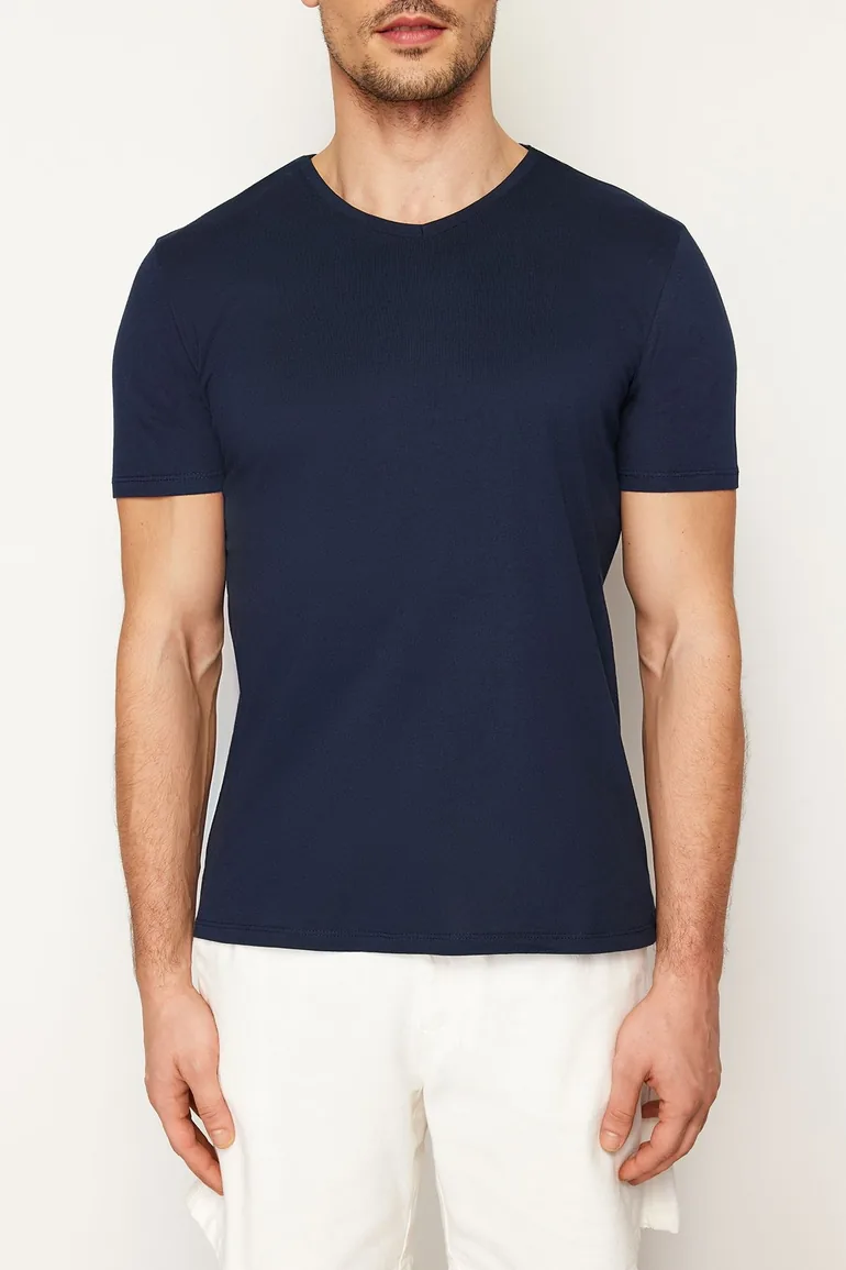 Navy Blue Basic Slim V-Neck Short Sleeved T-Shirt. 100% Cotton. - 4