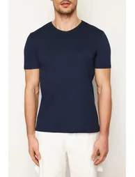 Navy Blue Basic Slim V-Neck Short Sleeved T-Shirt. 100% Cotton. - 4