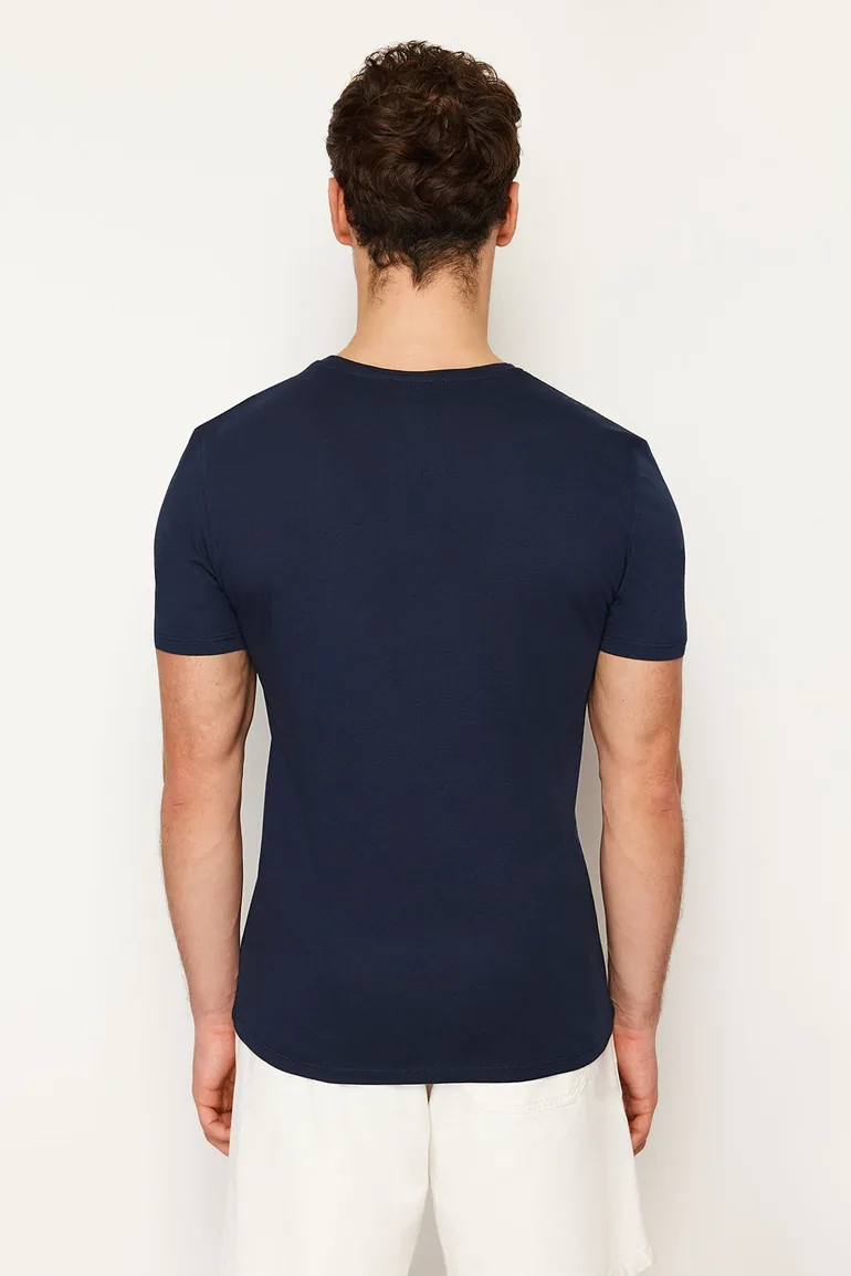 Navy Blue Basic Slim V-Neck Short Sleeved T-Shirt. 100% Cotton. - 2