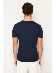 Navy Blue Basic Slim V-Neck Short Sleeved T-Shirt. 100% Cotton. - 2