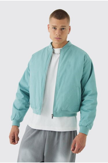 Boxy OFCL Applique Twill Padded Bomber Jacket In Light Blue