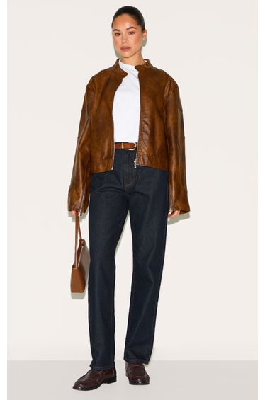 Chocolate Faux Leather Washed Boxy Biker Jacket