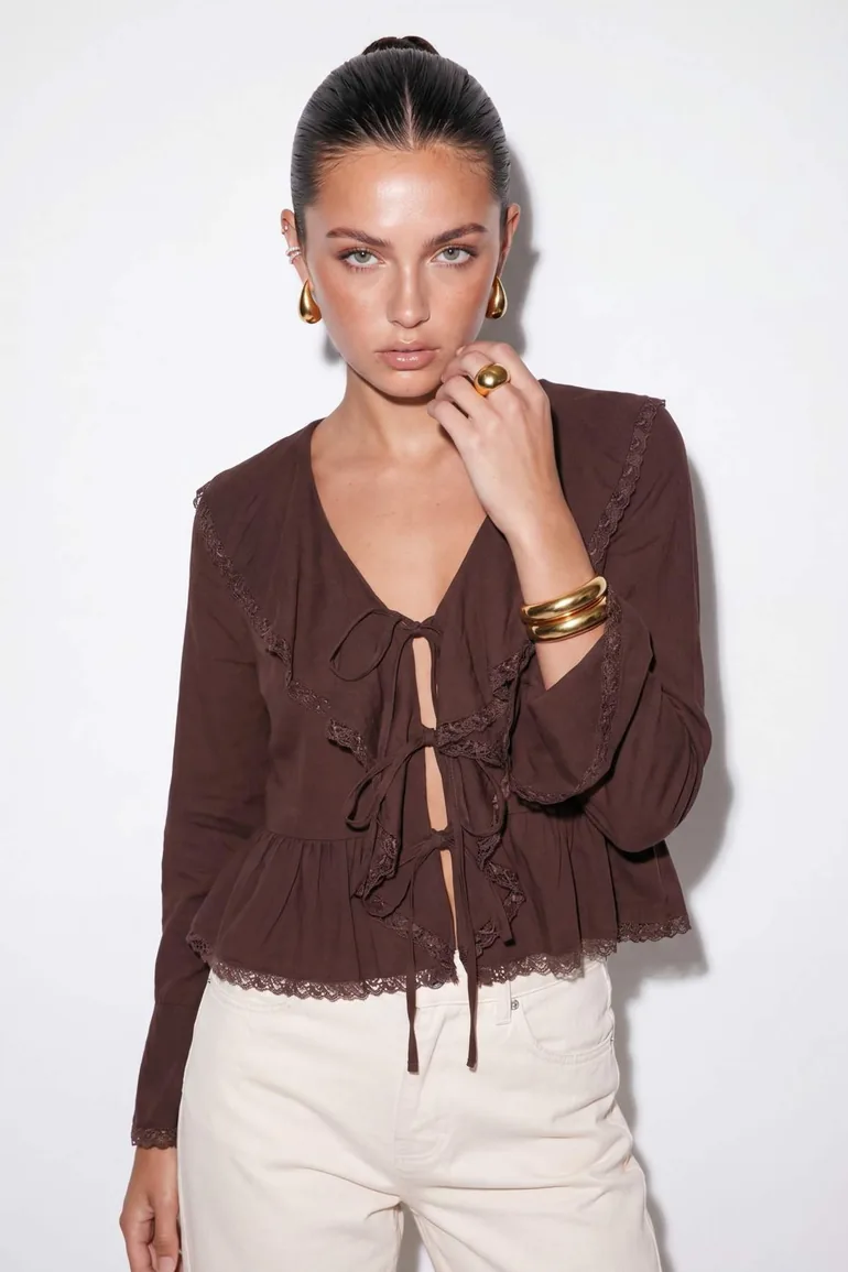 Brown V-Neck Front Tie Lace Detailed Blouse - 1